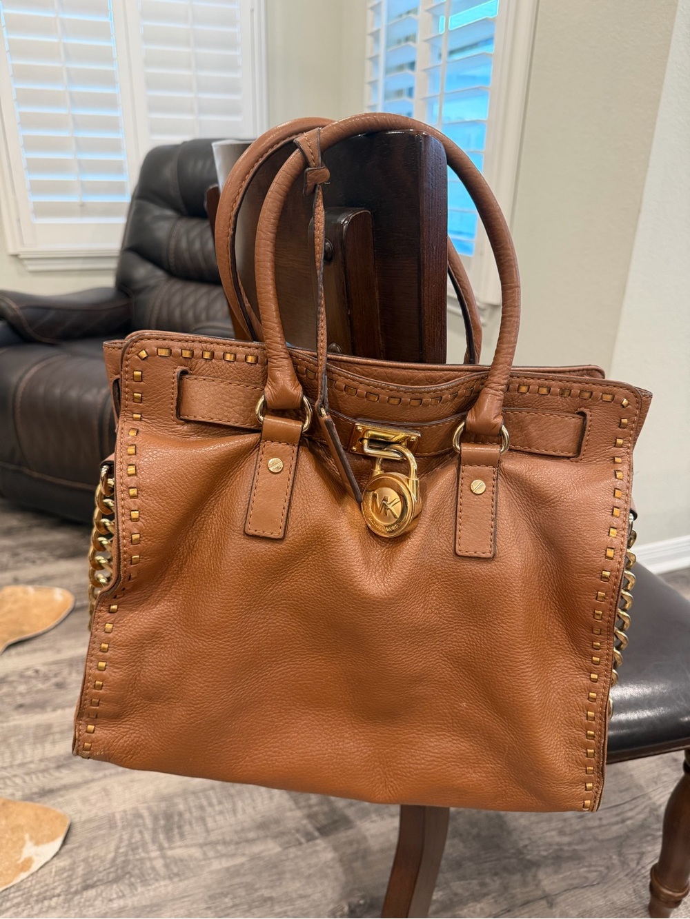 Michael Kors Hamilton Cognac Leather Satchel with Gold-Tone Accent